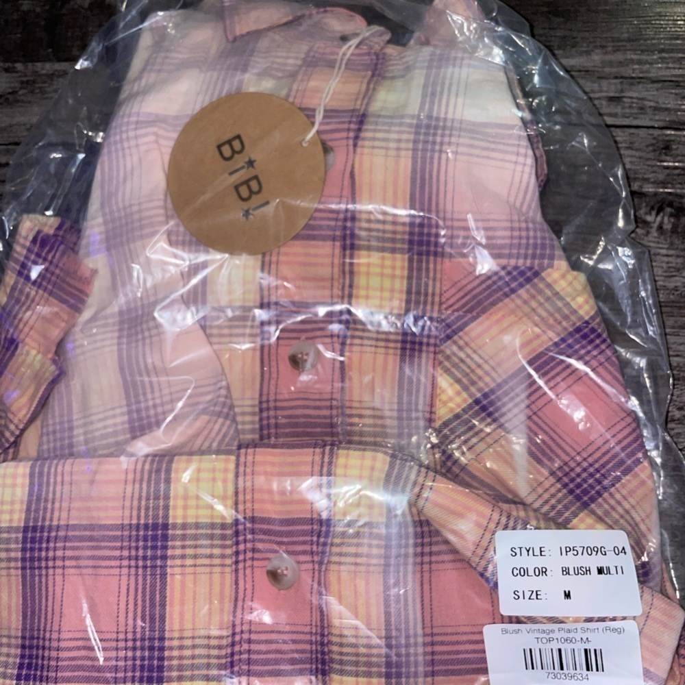 NWT BIBI Plaid Button Down Shirt Women’s Medium Bleached Oversized Pink Grunge - Picture 4 of 7
